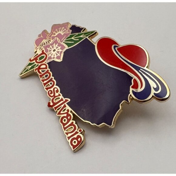 Red Hat Society Pennsylvania State Brooch Pin Purple Map Pink Flowers Gold Tone - Picture 6 of 7
